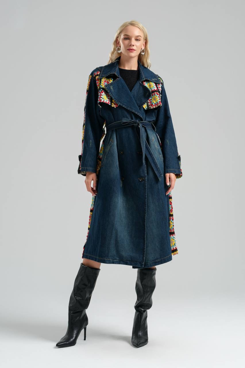 Boho Chic Denim Trench Coat with Crochet Accents