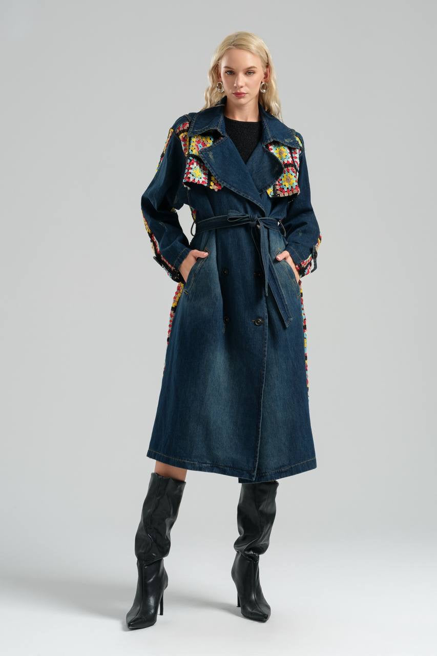 Boho Chic Denim Trench Coat with Crochet Accents