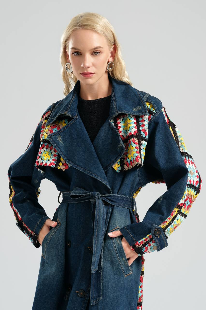 Boho Chic Denim Trench Coat with Crochet Accents