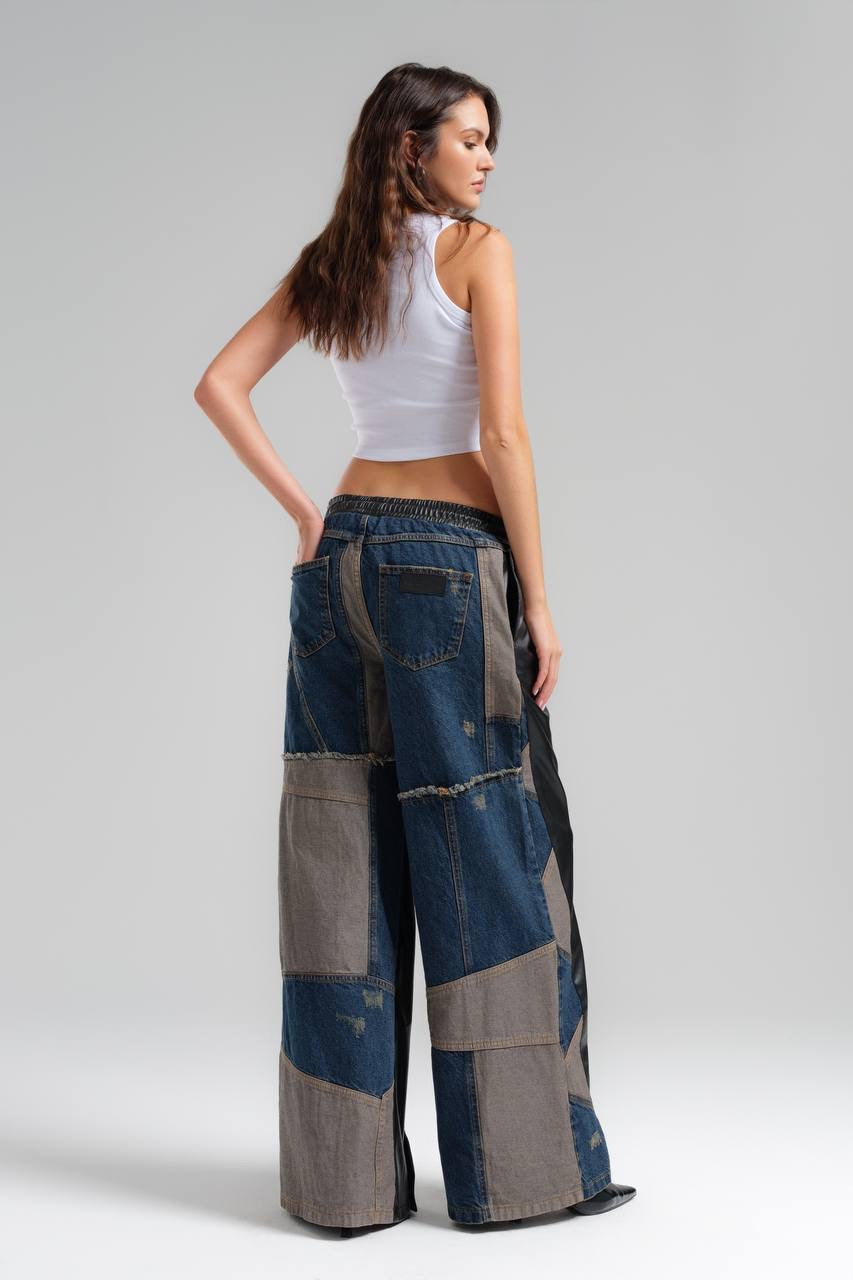 Leather With Denim Fashion Pants