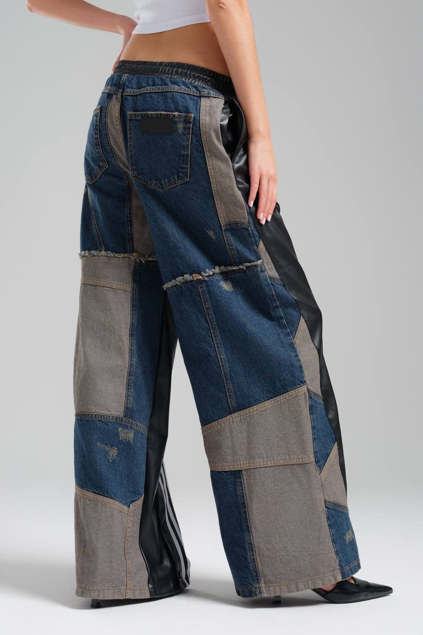 Leather With Denim Fashion Pants