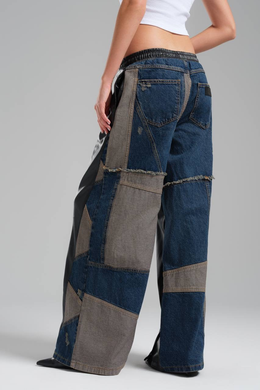 Leather With Denim Fashion Pants