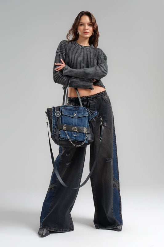 Black with Blue Denim Pants