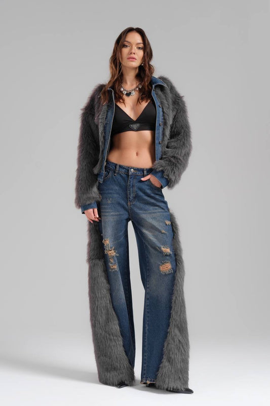 Faux Fur-Trimmed Distressed Denim Set