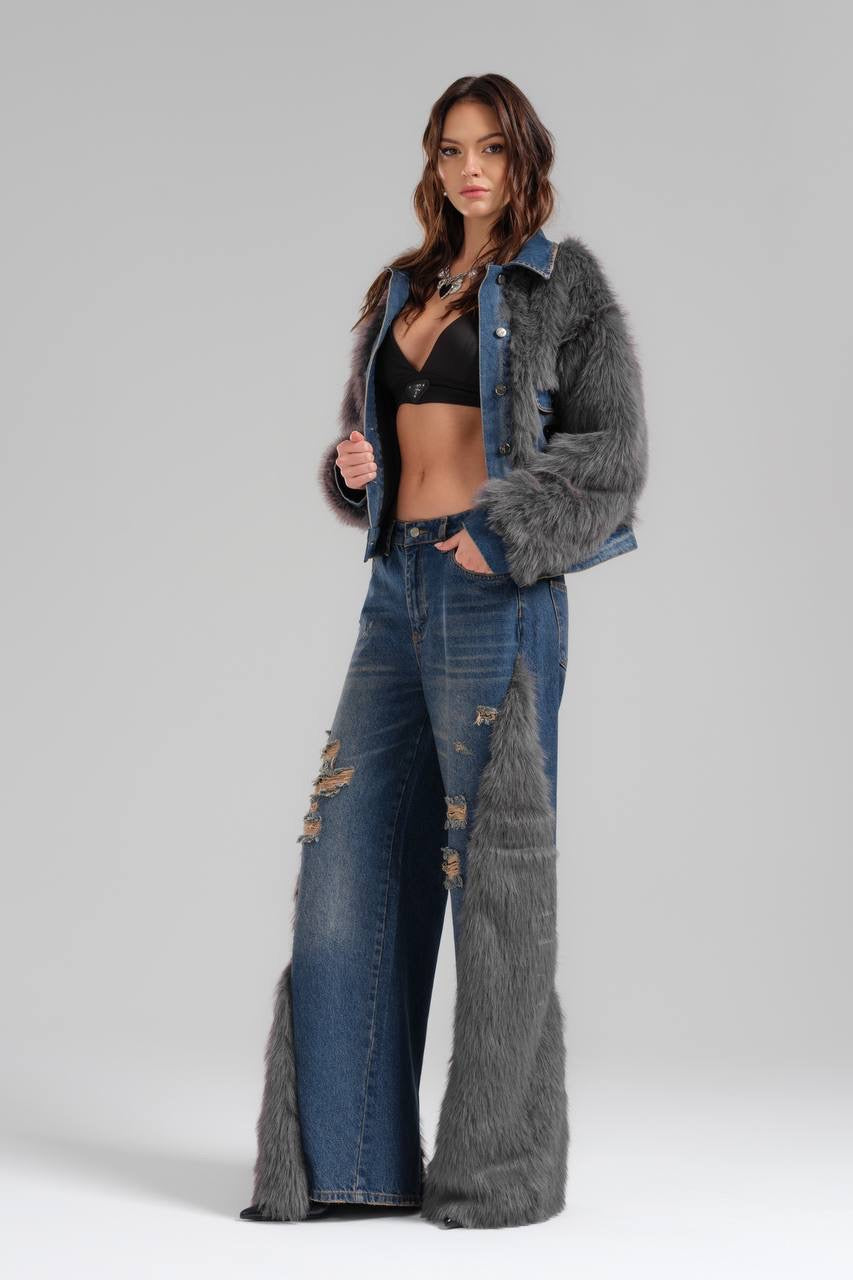 Faux Fur-Trimmed Distressed Denim Set