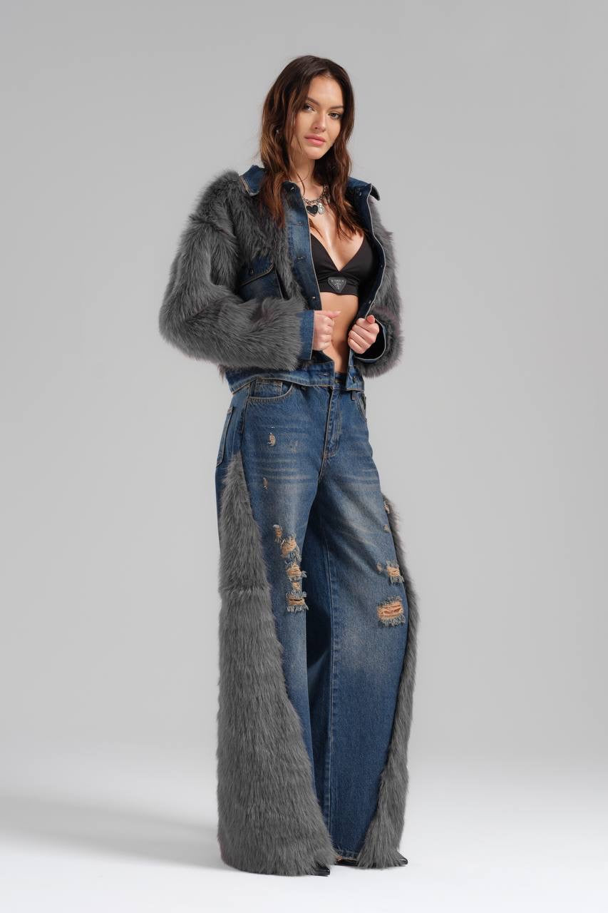 Faux Fur-Trimmed Distressed Denim Set