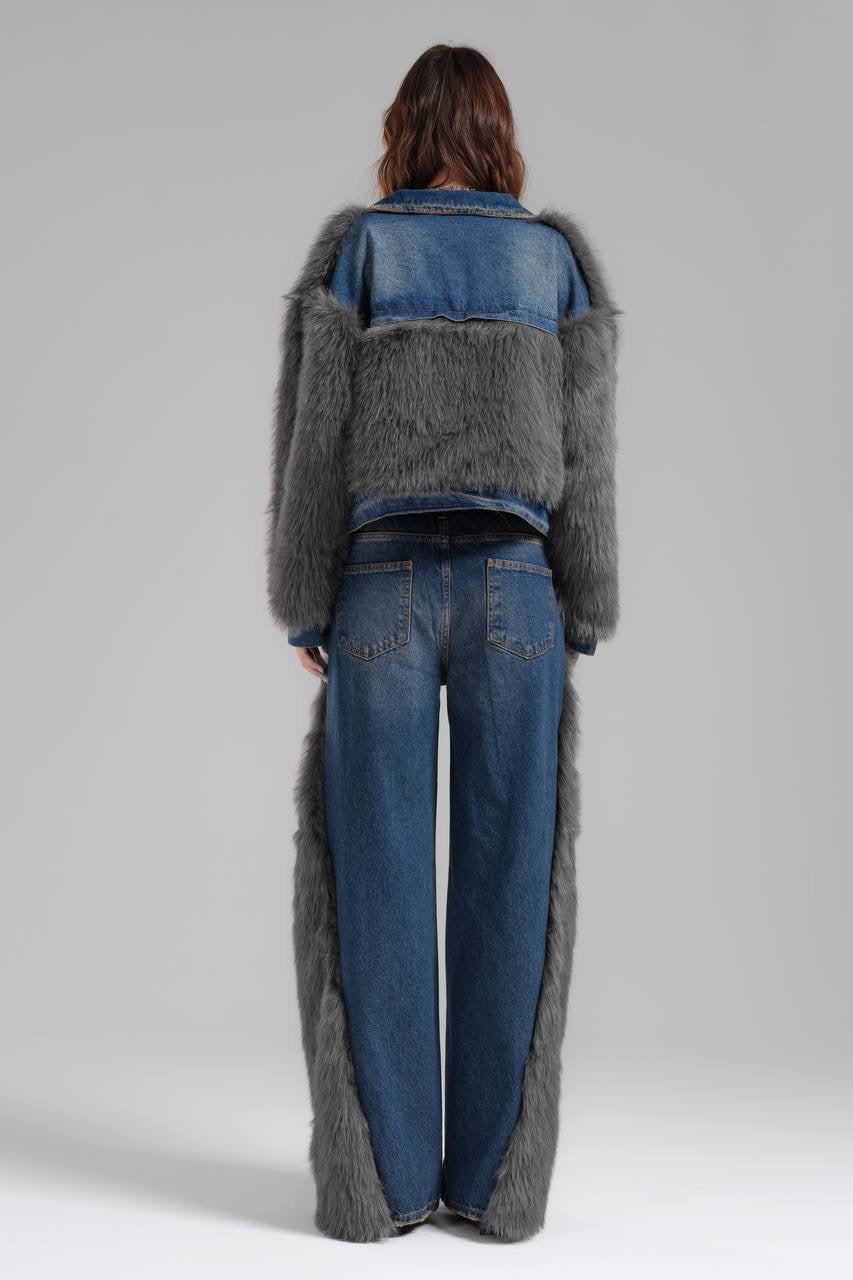 Faux Fur-Trimmed Distressed Denim Set