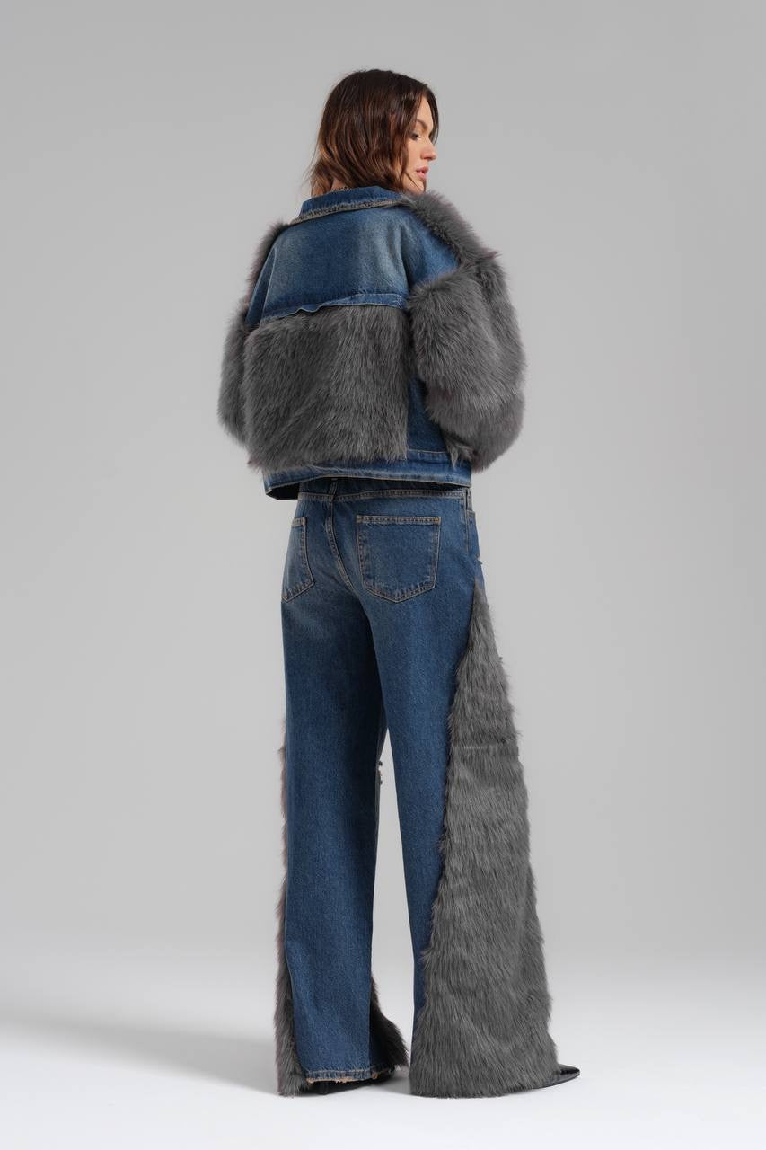 Faux Fur-Trimmed Distressed Denim Set