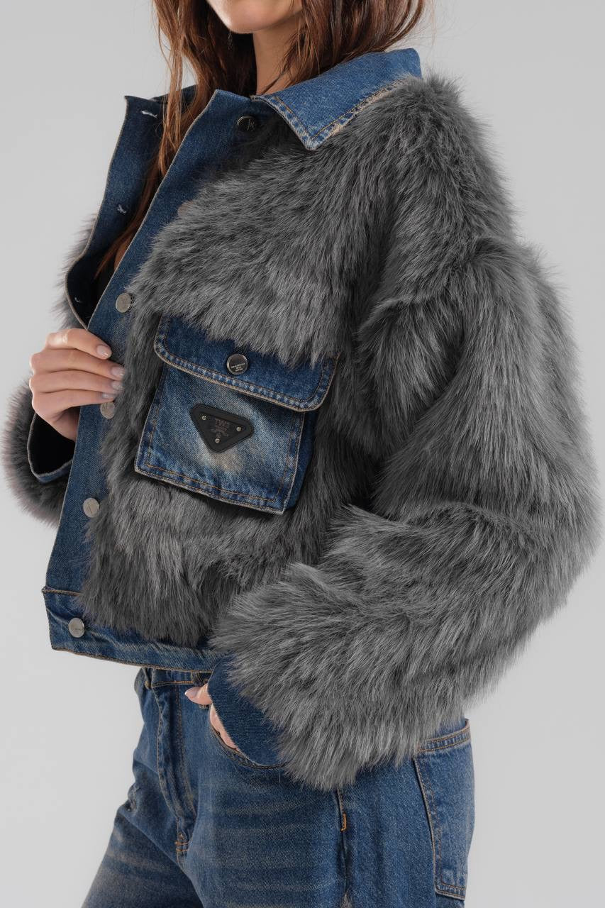 Faux Fur-Trimmed Distressed Denim Set