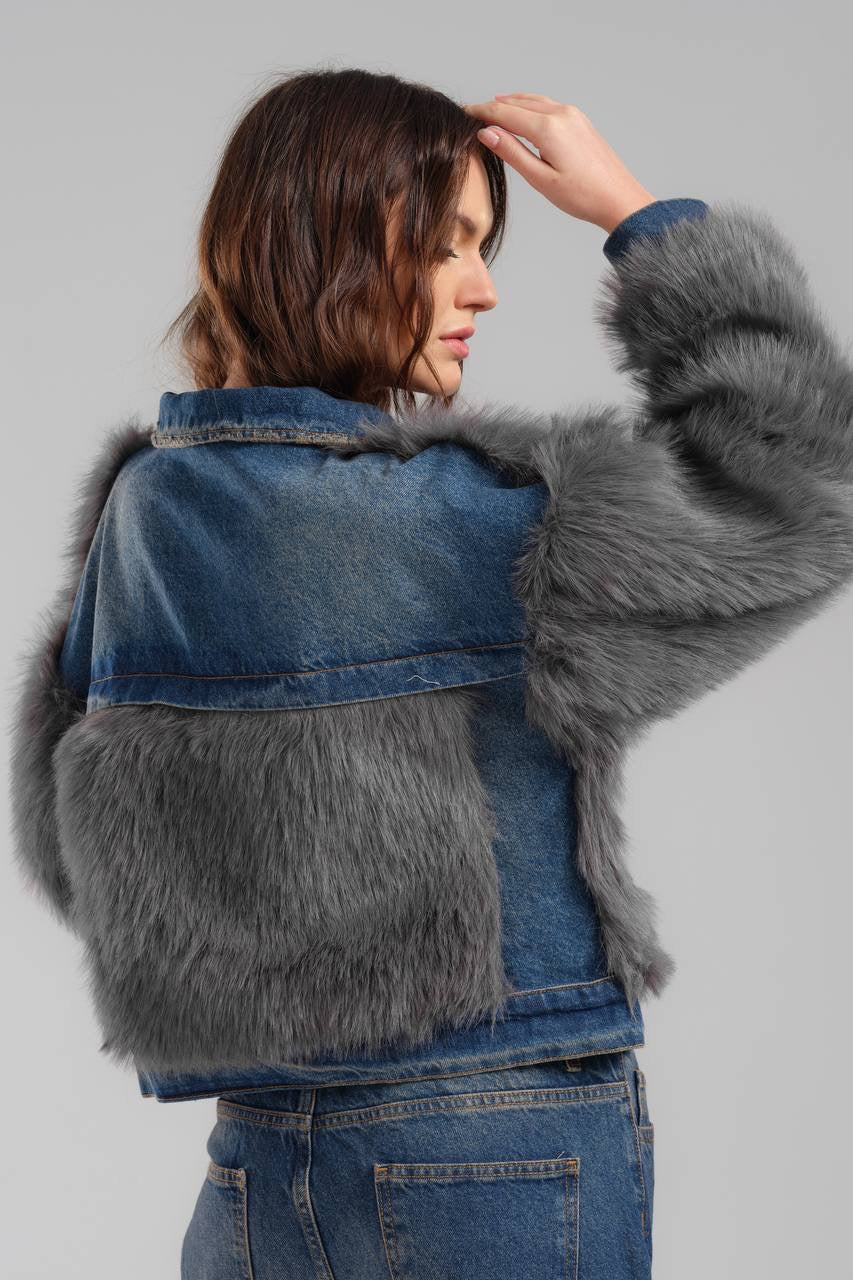 Faux Fur-Trimmed Distressed Denim Set