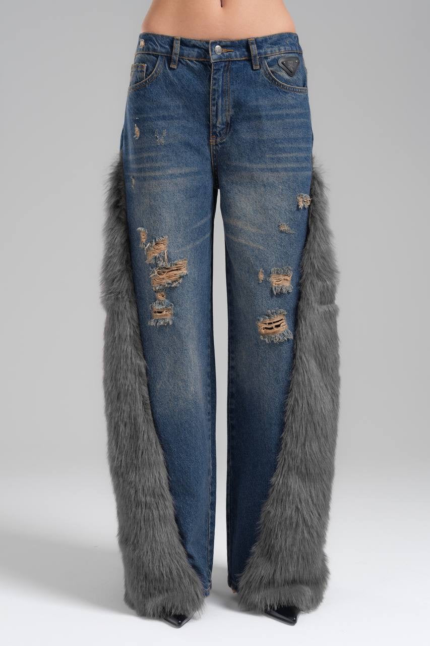 Faux Fur-Trimmed Distressed Denim Set