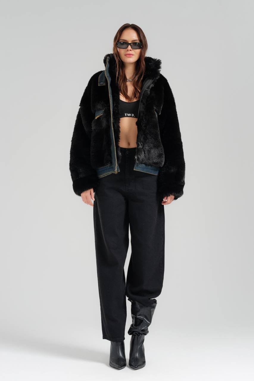 Black Faux Fur and Denim Hybrid Jacket