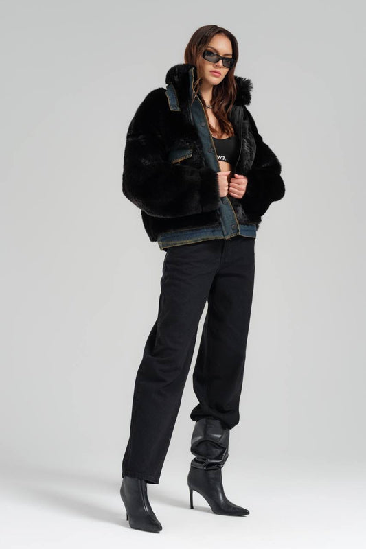 Black Faux Fur and Denim Hybrid Jacket