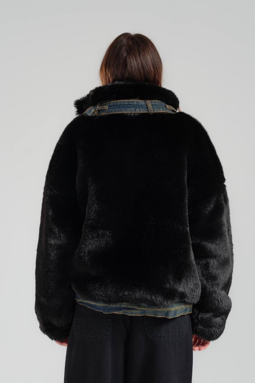 Black Faux Fur and Denim Hybrid Jacket