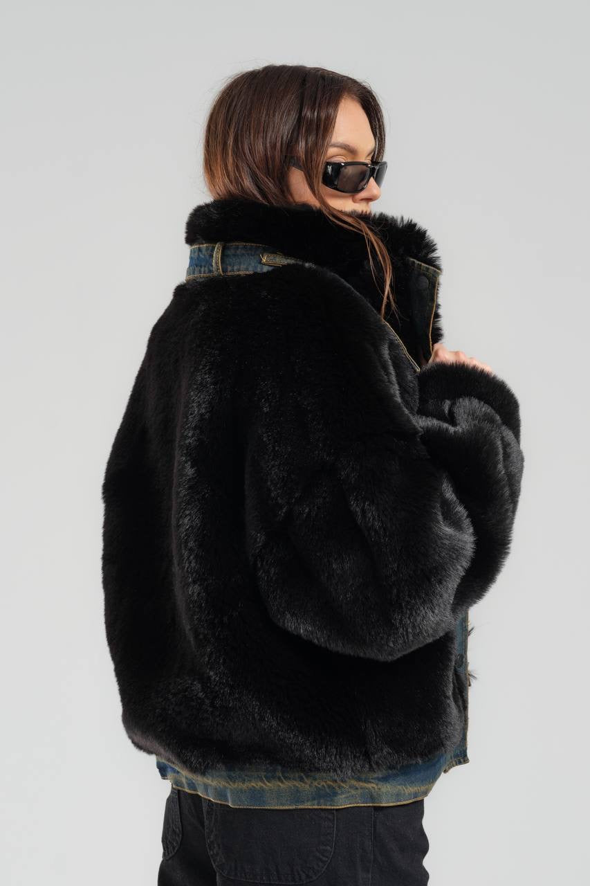 Black Faux Fur and Denim Hybrid Jacket