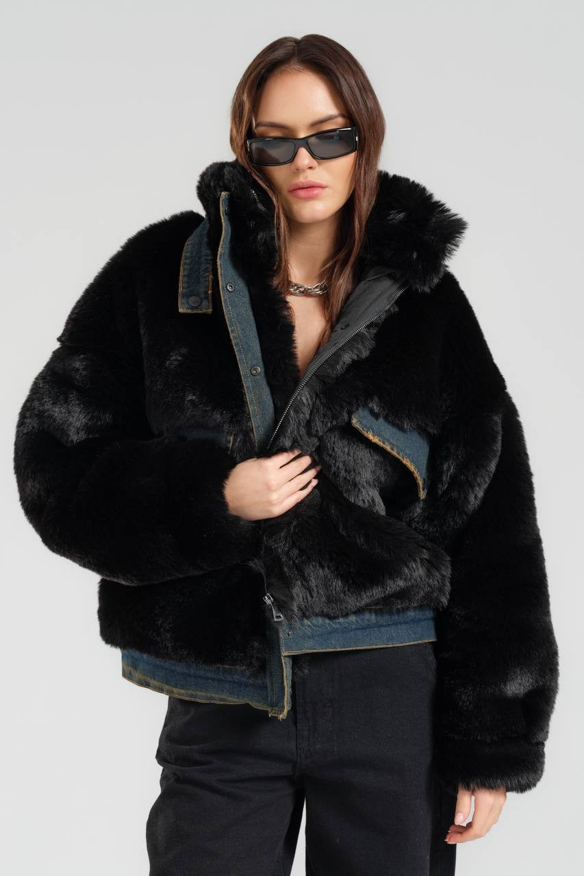 Black Faux Fur and Denim Hybrid Jacket