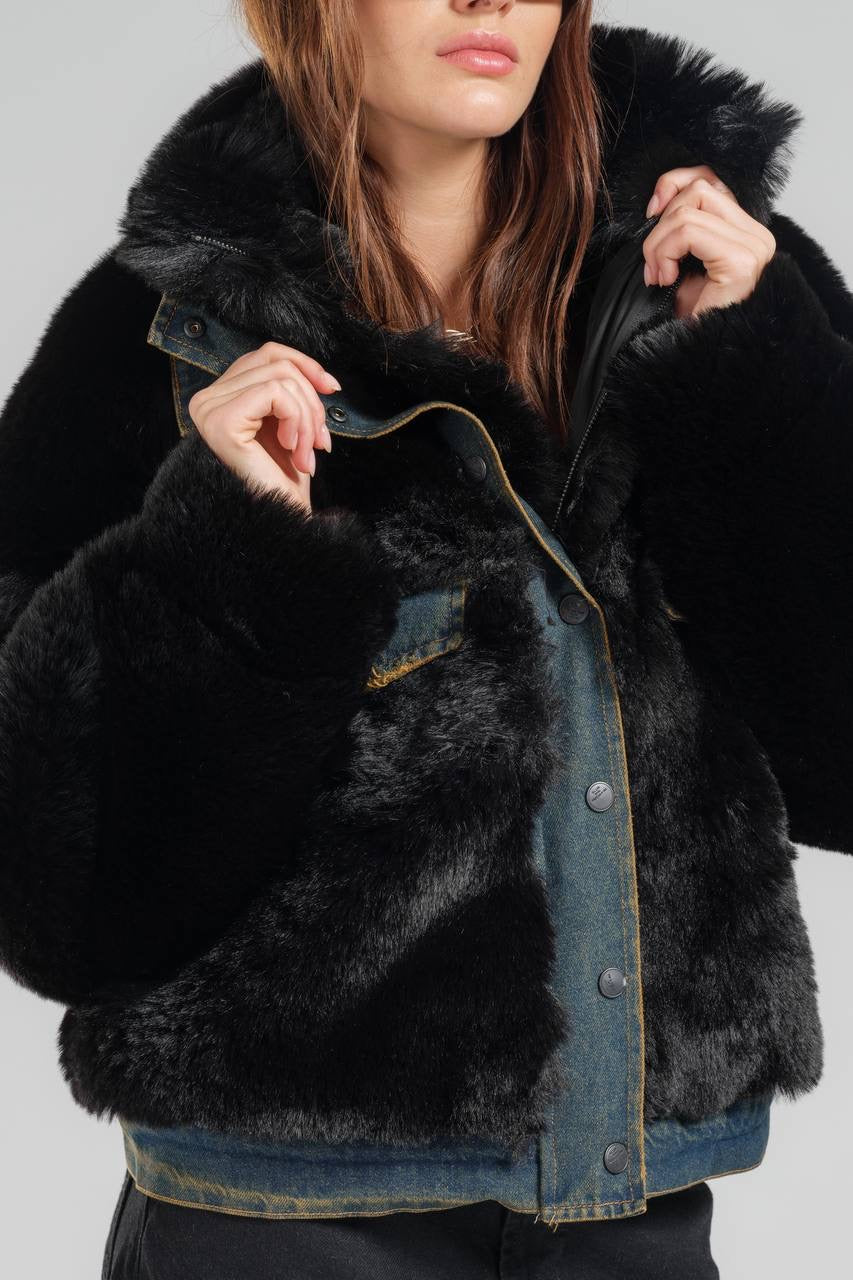 Black Faux Fur and Denim Hybrid Jacket